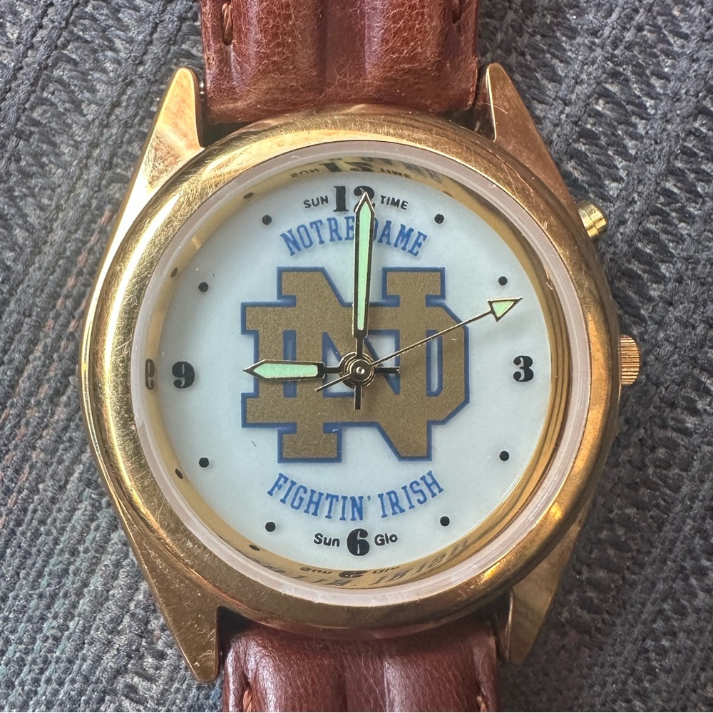 Notre Dame Fightin Irish Classic Gold and Brown Leather Watch - SunTime Sun-Glo